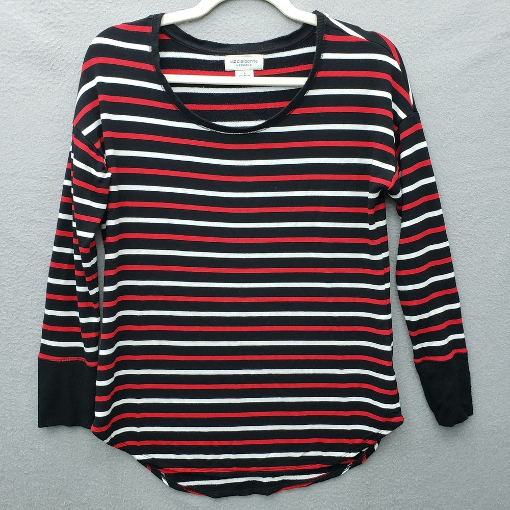 LizClaiborne Weekend Long Sleeve Tee Black Red Stripe Comfy Everyday Casual S